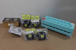 lot 238 image: Assorted Kitchen -Ice Trays, Measuring Glasses, Drain Plugs, Lids