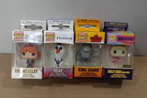 lot 341 image: 4 POP Vinyl Keychains  -Harley Quinn, Olaf, Ron Weasley, King Shark