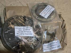 lot 263 image: 1963 Johnson JW-18R 3HP Vintage Boat Motor Parts Armature Mounting Assembly, Armature Cam, Armature Plate