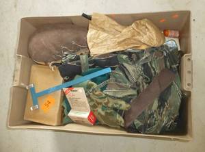 Box full of hunting stuff - scent, flask, knife sharpener, Bashlin 44 inch belt