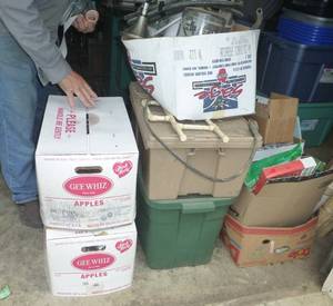 Large pile of multiple boxes, totes, pails full of plumbing and electrical parts