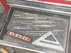 lot 152 image: Drawer #3 Hand Tools - Assorted Masonry Bits, Construction Square, Box Level