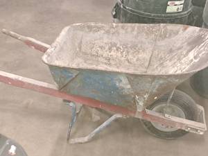 lot 198A image: Metal BasinWood HandleRubber Tire Wheelbarrow