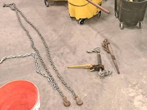 lot 246 image: (2) Chain Tighteners, (1) 15 Tow Chain with Hook Ends, (1) 3-12 Chain with One Hook End