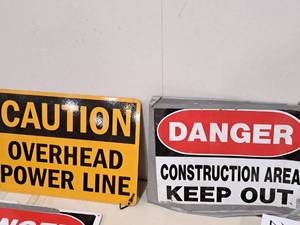 lot 301 image: Plastic DANGER Keep Out Sign and Metal CAUTION Overhead Power Line Sign