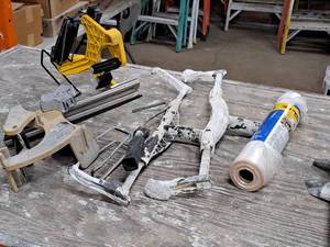 lot 445 image: Lot of (6) Mixing Pan with (10) Assorted Masonry Tools - (2) TapeFilm Dispensers, (3) Paint Roller Frames, (1) Roll of Film