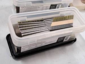 lot 499 image: Lot of (1 Tub) Grip Rite Exterior Galvanized Paper Tape Offset Round Head Smooth Shank Collated Framing Nails 30-degree 3x.131