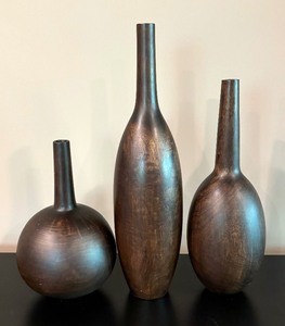 Three Decorative Mangowood Bottle Shaped Vases