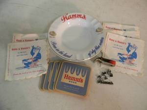 lot 8 image: Hamms Beer Collection - Ashtray, Bottle Opener, Football Player Magnet, Napkins, Coasters - COOL OLD SCHOOL PIECES - SEE PICTURES