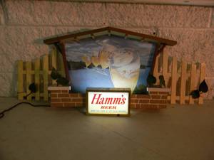 lot 9 image: Hamms Beer Dancing Goblets Lighted Sign with Fence - WORKS - FANTASTIC OLD SCHOOL PIECES - SEE PICTURES