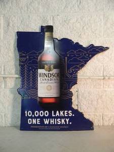 lot 29 image: RARE - ORIGINAL WINDSOR CANADIAN 10,000 LAKES ONE WHISKY TIN BAR SIGN - NICE - AWESOME PIECE - APPROX 29 By 33 - SEE PICTURES