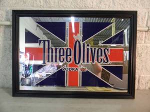 lot 34 image: RARE ORIGINAL - Three Olives Vodka BAR SIGN  MIRROR - NICE - GREAT PIECE - APPROX 28 By 20 - SEE PICTURES