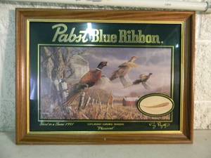 lot 42 image: VINTAGE 1997 - Pabst Blue Ribbon UPLAND GAME BIRDS Pheasant BAR SIGNMIRROR - NICE - COOL OLD SCHOOL PIECE - APPROX 21 By 16 - SEE PICTURES