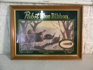 lot 43 image: VINTAGE 1997 - Pabst Blue Ribbon UPLAND GAME BIRDS Turkey BAR SIGNMIRROR - NICE - COOL OLD SCHOOL PIECE - APPROX 21 By 16 - SEE PICTURES