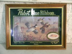 lot 44 image: VINTAGE 1997 - Pabst Blue Ribbon UPLAND GAME BIRDS Bobwhite BAR SIGNMIRROR - NICE - COOL OLD SCHOOL PIECE - APPROX 21 By 16 - SEE PICTURES