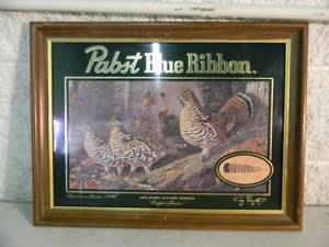 lot 45 image: VINTAGE 1996 - Pabst Blue Ribbon UPLAND GAME BIRDS Ruffed Grouse BAR SIGNMIRROR - NICE - COOL OLD SCHOOL PIECE - APPROX 21 By 16 - SEE PICTURES