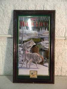 lot 47 image: VINTAGE 1999 - Miller HIGH LIFE Zoellick Wolves BAR SIGNMIRROR - NICE - COOL OLD SCHOOL PIECE - APPROX 15 By 26 - SEE PICTURES