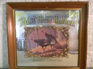 lot 49 image: VINTAGE 1989 - Pabst Blue Ribbon Wildlife Collection Wisconsin Turkey Stamp BAR SIGNMIRROR - NICE - COOL OLD SCHOOL PIECE - APPROX 16 By 15 - SEE PICTURES