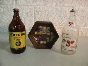 lot 53 image: VINTAGE ORIGINAL - Corona Familiar, SOL ESPECIAL BOTTLES With VINTAGE SHADOW BOX BAR SIGN - NICE - COOL OLD SCHOOL PIECES - SEE PICTURES