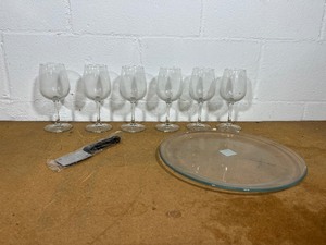 Libbey Wine and Cheese Service Set - 6 Wine Glasses, 1 Glass Serving Platter and 1 Stainless Steel Knife