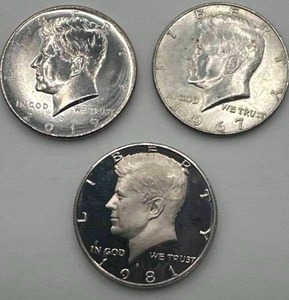 Lot of 3 Kennedy Half Dollars (40% silver & proof & BU)