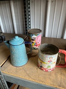 lot 42 image: Enamel Pot coffee can and flour sifter