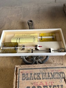 lot 44 image: Old Kitchen Thermometers in box   wood box