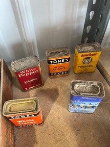 lot 50 image: Wood Box  full of spice tins