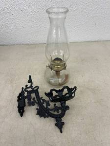 lot 28 image: Oil Lamp with Cast Iron Wall Bracket
