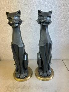 lot 55 image: Vintage Modern Art Deco Cubist Black Cat Sculptures on Brass Bass