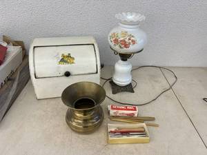 lot 122 image: Mixed Lot - Metal Bread Box, Lamp, Spittoon