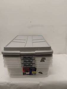lot 56 image: 3 NEW HEFTY 40QT CLEAR PLASTIC STORAGE BINS