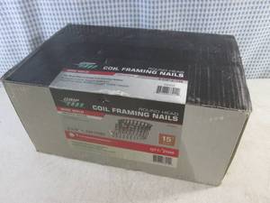 lot 104 image: (CS) Box of 2,500 Grip Fast Round Head Coil Framing Nails - Wire Weld  Smooth Shank  3 14 x .120 (12D)  15 Degree