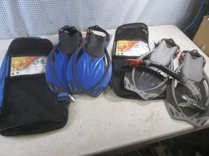 lot 116 image: (EW3) 2 Pair US Divers Adult Fins with Carry Bags and Snorkel
