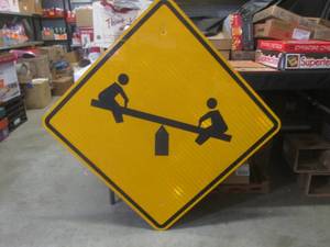 lot 181 image: (BR1) Retired Children At Play  Playground Road Sign - 30 x 30  41 x 41 Corner to Corner