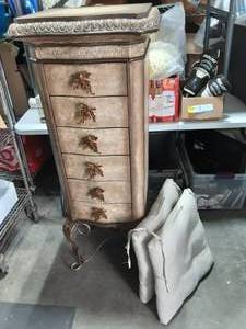 6-Drawer Chest With Metal Scroll Work Legs 20x16x58. Includes 2-Neutral Chair Cushions 18x18