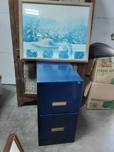 Navy Blue 2 Drawer Metal File 15x22x25 (No Key) & Framed Print 32x25 (Straw Hat & Flower Field)