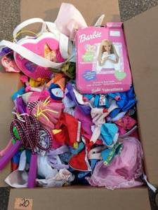 Box Lot Of Barbie Accessories-Clothes, Shoes, Cassette Player, More