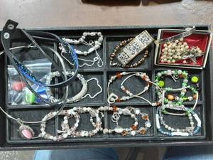Jewelry Contents Of Tray, Necklace With Interchangeable  Stones, Assorted Bracelets, Rosary