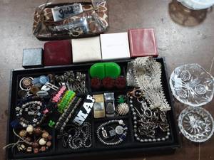 Lot Of Jewelry, Pins, Money Clips, Misc On Tray. Crystal Ring Holders, Gift Boxes, Misc.