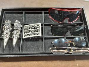 2-Full Finger Knuckle Rings, Skull Belt Buckle, Assorted Sunglasses