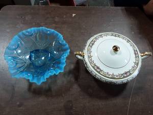Vintage Ruffled Opalescent Dish & Vintage Art-Nouveau Covered Vegetable Dish