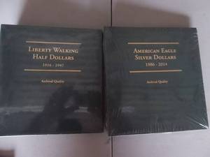 2-NEW Albums Of Liberty Walking Half Dollars & US American Eagle Dollars