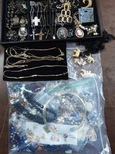 Large Bag Of Assorted Jewelry & Contents On The Tray
