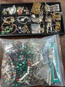 Large Bag Of Assorted Jewelry & Contents On The Tray