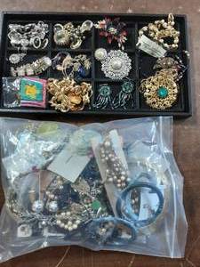 Large Bag Of Assorted Jewelry & Contents On The Tray