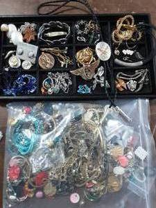 Large Bag Of Assorted Jewelry & Contents On The Tray