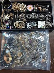 Large Bag Of Assorted Jewelry & Contents On The Tray