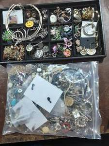 Large Bag Of Assorted Jewelry & Contents On The Tray
