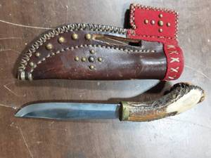 Antler Handle Knife With Hand Crafted Leather Sheath